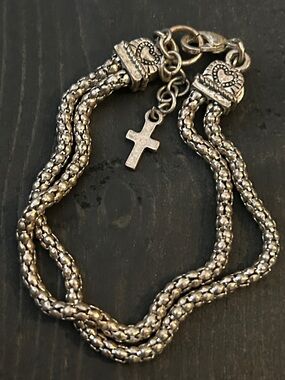 Double Strand Cross Charm Bracelet - Silver Tone